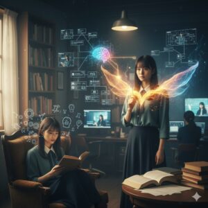 書斎のような空間で本を読む女性と、その背後に知性の光が広がるイメージ。プロフェッショナルな知性を抽象的に表現。