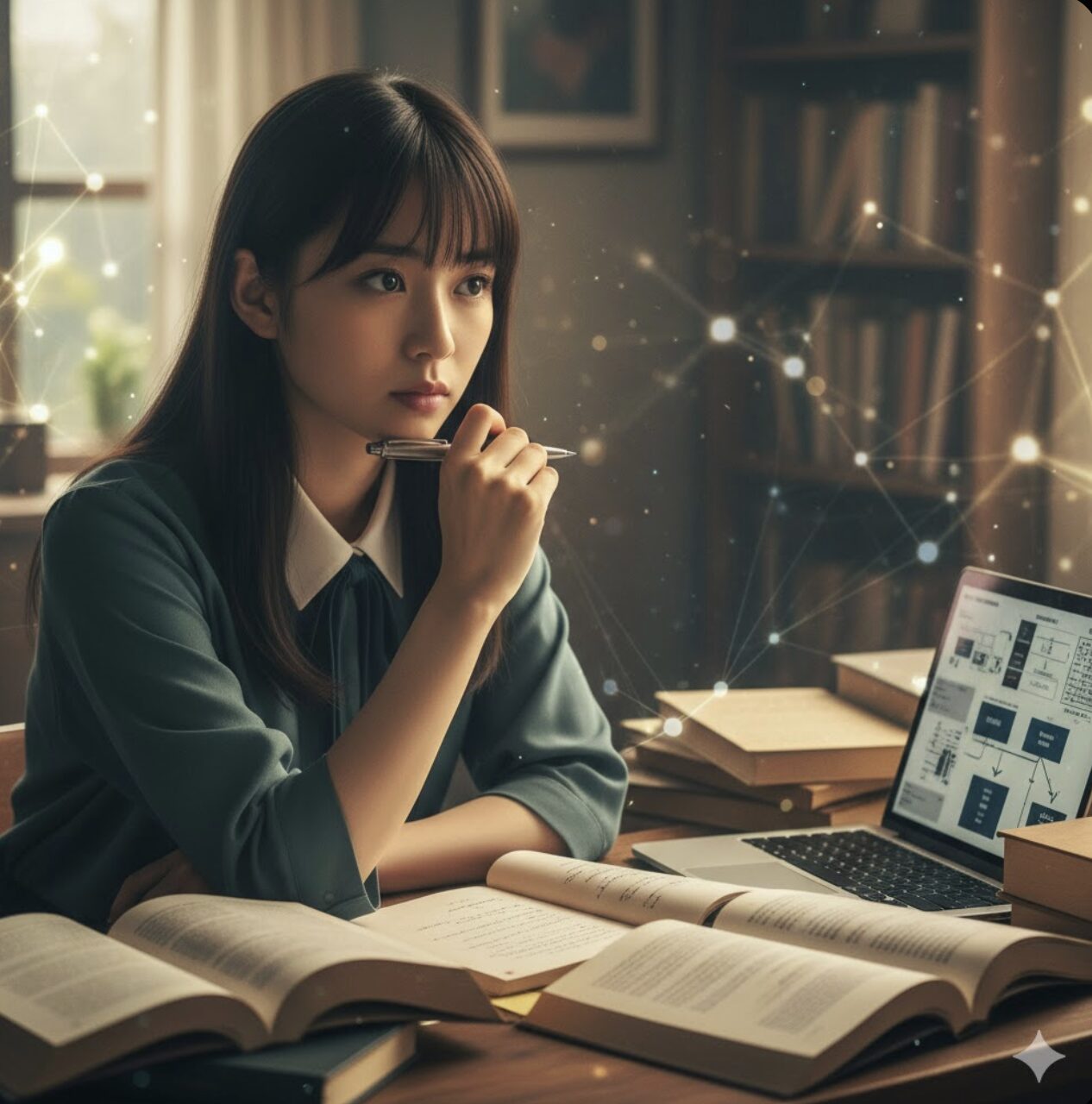 ■ 代替テキスト(alt):- 深く思考する若い女性が本とPCに囲まれ、複雑な情報を分析している様子。知的な探求と理解を表現。