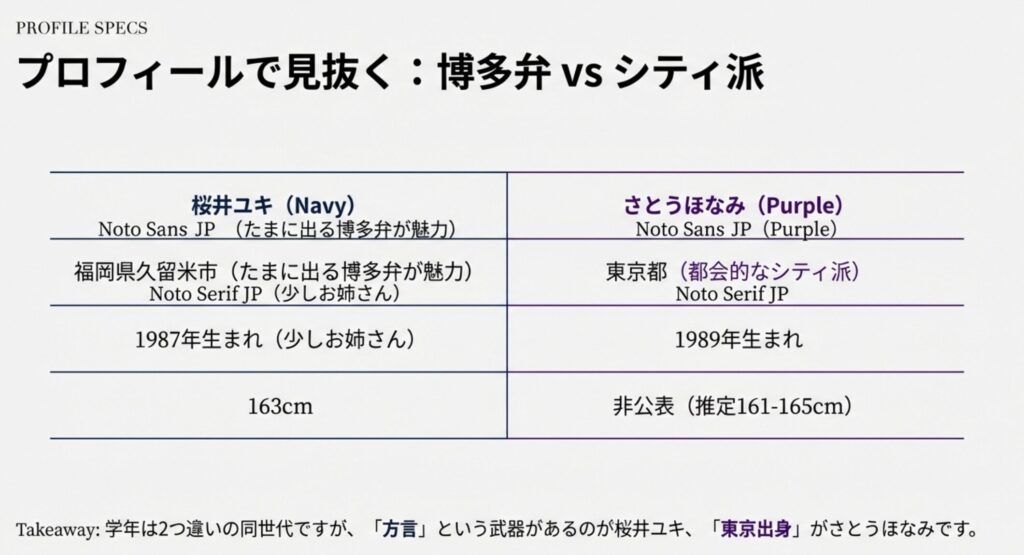 年齢や身長などのプロフィール比較