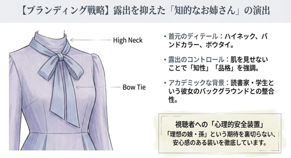 ハイネックやボウタイが演出する知的な品格