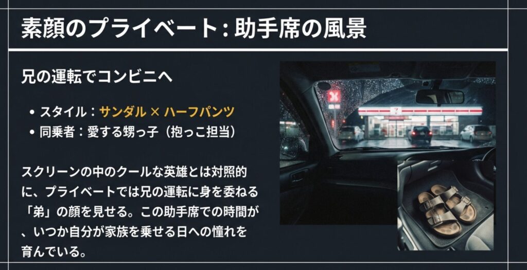 兄の運転でコンビニへ行く意外なプライベートの姿