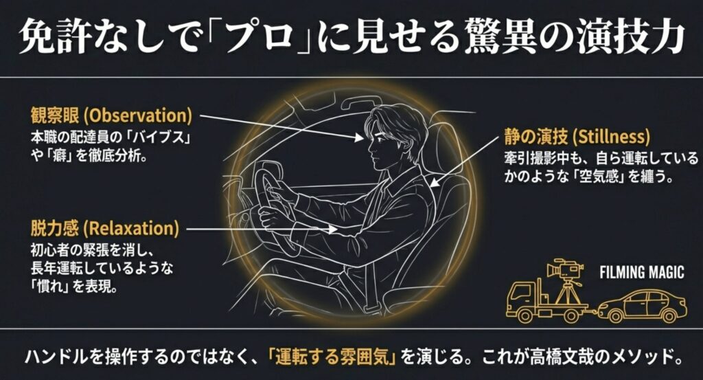 免許なしでも完璧に演じる配達員役のリアルな演技術
