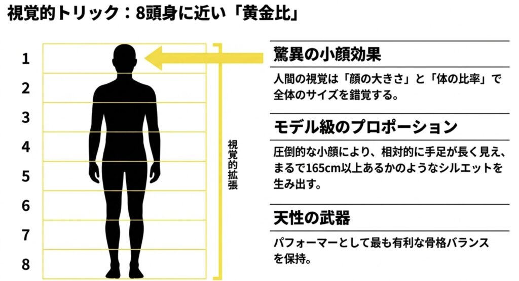 小顔が作り出す8頭身に近い黄金比のプロポーション