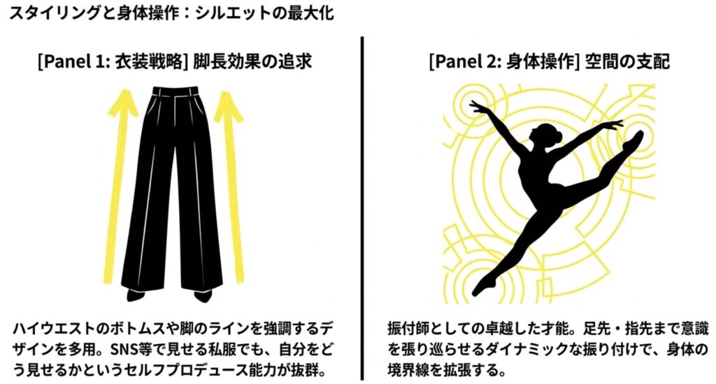 足が長いと噂されるスタイリッシュな衣装戦略