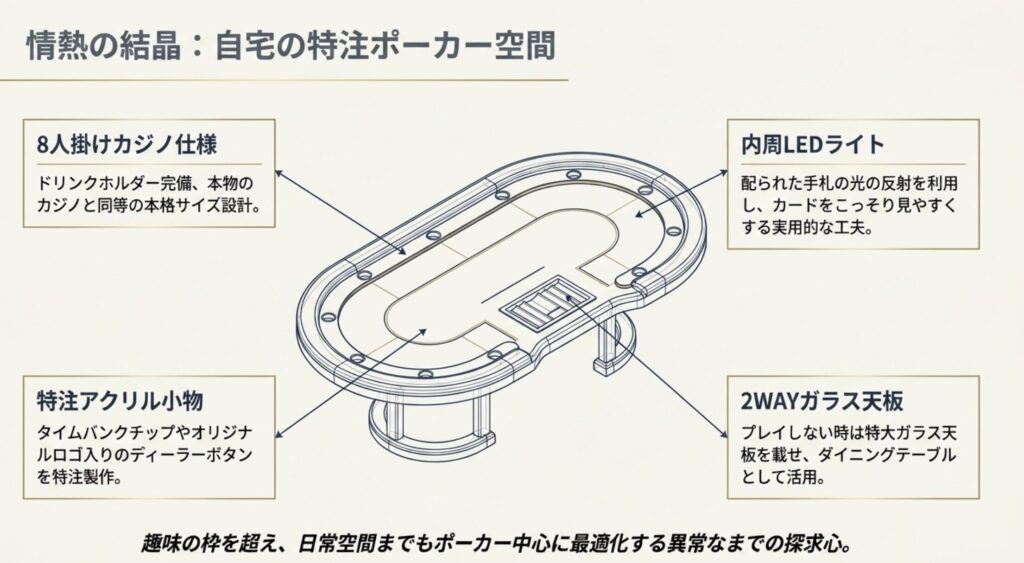 自宅に特注テーブルを自作した専用ポーカー部屋